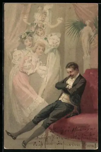 Künstler-AK Mann schläft auf einer Couch, während hübsche Damen seine Aufmerksamkeit erlangen wollen