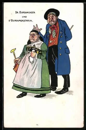 Künstler-AK Karikaturen des Bürgermeisters und seiner Frau