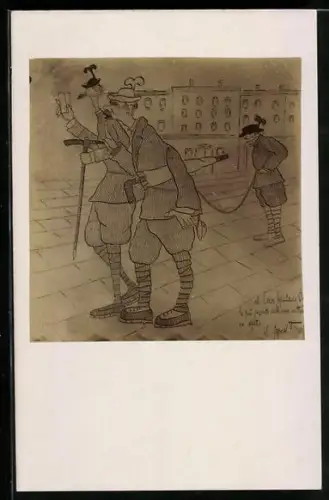 Künstler-AK Zwei Herren werden von einem weiteren an einer Leine gehalten