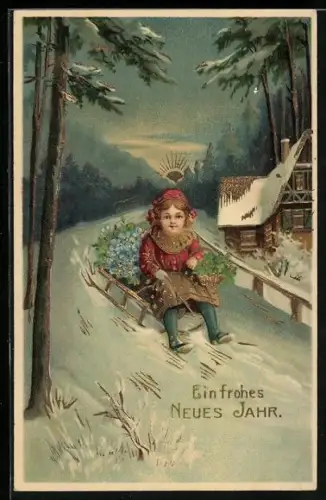 Künstler-AK Mädchen beim Schlittenfahren mit einem Korb voller Klee und Vergissmeinnicht