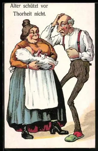 Künstler-AK Alter Mann ist geschockt, als seine Partnerin ihn mit einem Neugeborenen konfrontiert