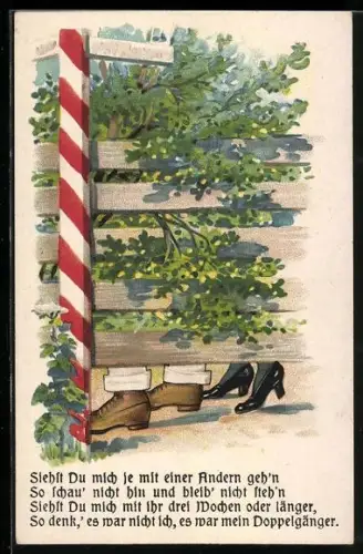 AK Frau und Mann verstecken sich hinter einer Hecke