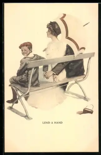 Künstler-AK Mann nimmt die Hand eines kecken Jungen anstelle der Frauenhand