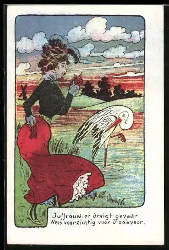 Künstler-AK Junge Dame konfrontiert einen Storch