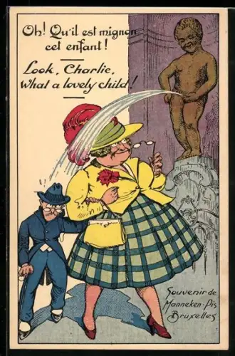 AK Bruxelles, Manneken-Pis berieselt Passanten