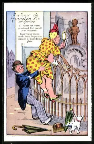 AK Brüssel, Manneken Pis, Frau untersucht mit Lupe Manneken Pis, wird gesützt von Herren, Hund hebt Bein