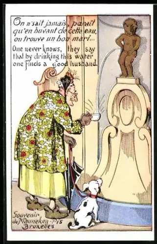 AK Bruxelles, Frau füllt eine Tasse beim Manneken-Pis