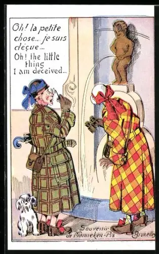 Künstler-AK Bruxelles, Damen sind erstaunt über das Manneken-Pis