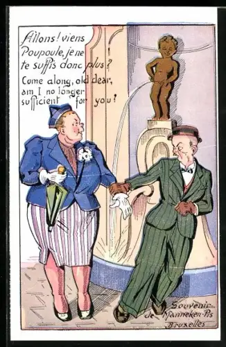 Künstler-AK Bruxelles, Mann zieht seine Frau vom Manneken-Pis weg