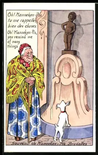 Künstler-AK Bruxelles, Alte Dame mit Hund beim Manneken-Pis