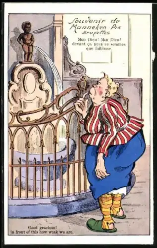 AK Brüssel, Frau bewundert starken Strahl des Manneken-Pis, Toilettenhumor