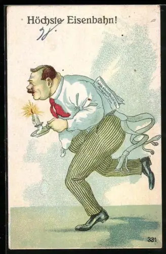 AK Mann mit Kerze in der Hand und Zeitung unterm Arm rennt zur Toilette