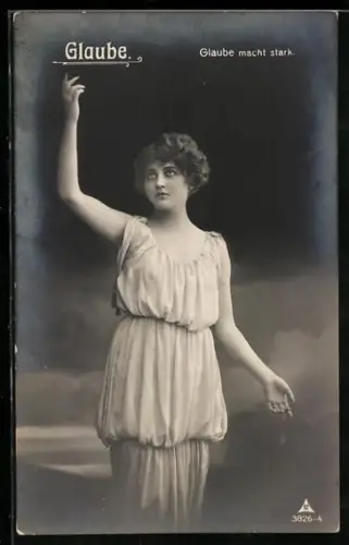 AK Glaube, Ernste junge Frau richtet eine Hand zum Himmel