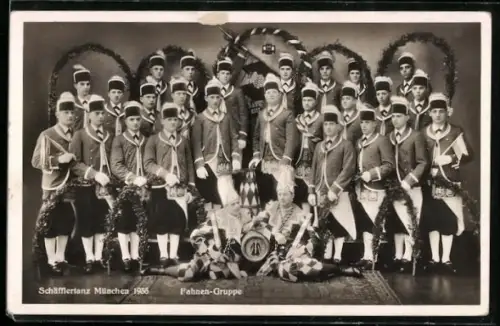 AK München, Fahnengruppe, Schäfflertanz 1935