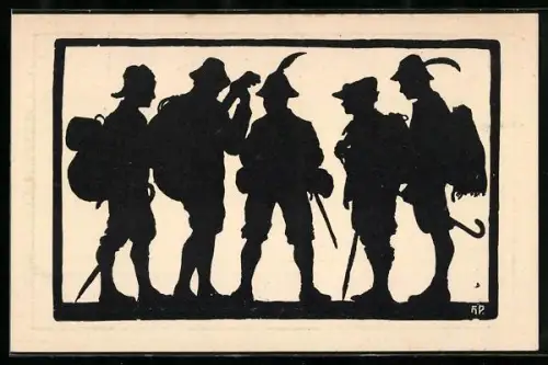 AK Wanderer mit Gepäck und Gitarre, Silhouette