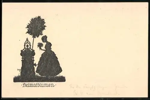 AK Schattenbild, Frau mit Blumen am Brunnen, Wandervogel im Rheinland
