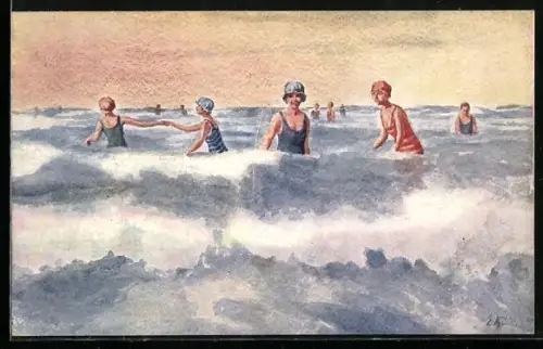 Künstler-AK Edinburg, Frauen im Badeanzug im Meer
