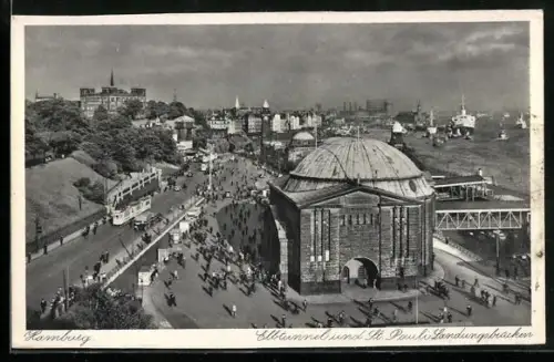 AK Hamburg-St. Pauli, Elbtunnel und Landungsbaracken mit Strassenbahn