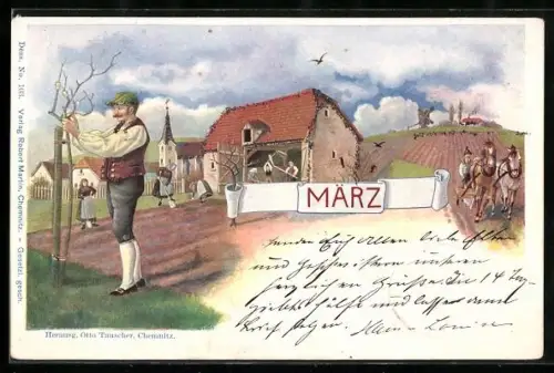 Künstler-AK März, Bauern Pflanzen einen Baum und Pflügen