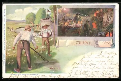 Künstler-AK Juni, Männer beim sensen einer Wiese, feiernde Menschen
