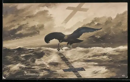 Künstler-AK Seemannsgrab, Adler mit EK u. Lorbeerkranz