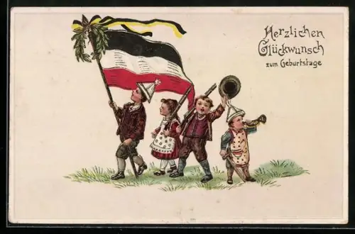 AK Kleine Soldaten mit Flagge, Geburtstagsgruss