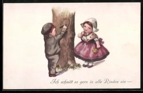 Künstler-AK Ich schnitt es gern in alle Rinden ein..., Kindersoldat mit Mädchen