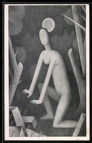 Künstler-AK Jan Zrzavý: La Lune, Weibliche Figur im Mondschein
