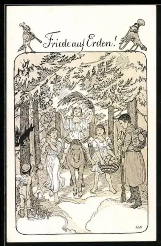 Künstler-AK Mathilde Ade: Friede auf Erden!, Engel mit Apfelkorb, Soldat