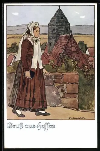 Künstler-AK Otto Ubbelohde: Hessiche Frau mit Bibel in der Hand läuft zur Kirche