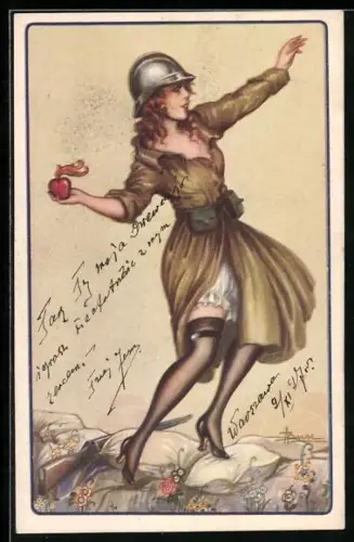 Künstler-AK Adolfo Busi: Schönheit in Strapsen mit Stahlhelm wirft ein Herz als Handgranate, Erotik