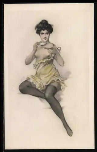 Künstler-AK H.S.: Frau mit nackten Brüsten in Strapsen trinkt Kaffee, Erotik