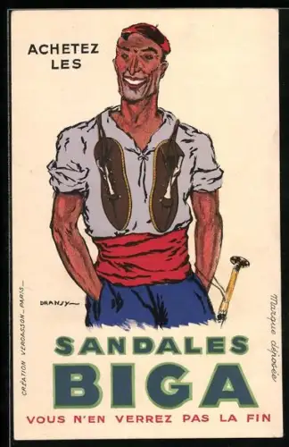 Künstler-AK Reklame für Schuhmacher, Mann mit neuen Sandalen um den Hals