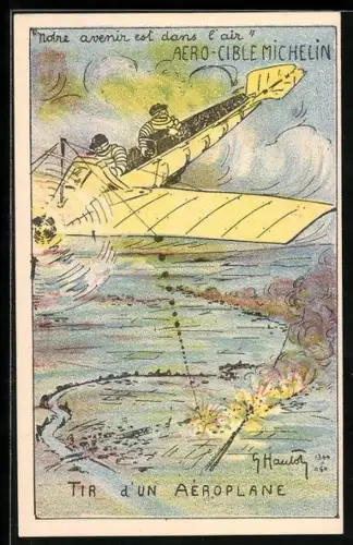 Künstler-AK Reklame Aero-Cible Michelin, Flugzeug wirft Bomben über einem Ort ab