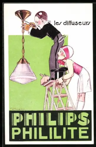 AK Mann montiert eine Lampe an der Decke, Reklame für Philips Phililite