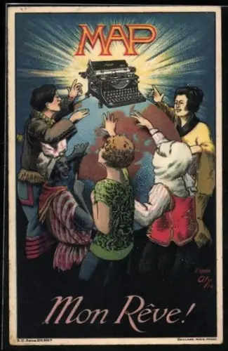 Künstler-AK Frauen aus verschiedenen Ländern schauen zu einer MAP Schreibmaschine