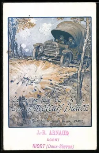 Künstler-AK Reklame Lastkraftwagen Ballot, Zwei Soldaten in einem Lastkraftwagen