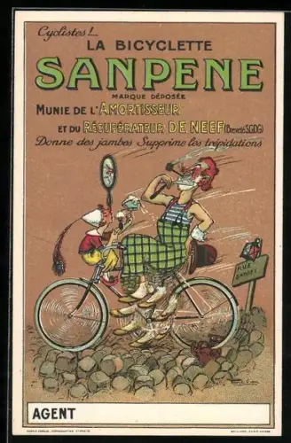 Künstler-AK Reklame Bicyclette Sanpene, Mann rasiert sich beim Fahrradfahren