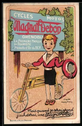 Künstler-AK Kleiner Junge mit einem Fahrrad, Reklame Cycles Magnal. Debon