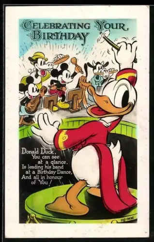 Künstler-AK Donald Duck mit Orchester, Donald Duck, You can see at a glance is leading his band at a Birthday Dance...