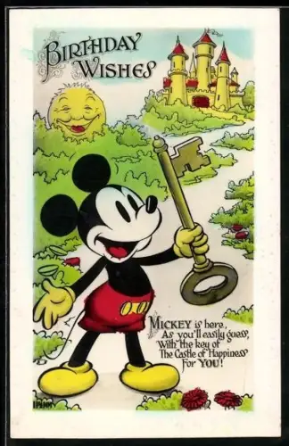Künstler-AK Mickey Mouse mit einem Schlüssel vor einem Schloss