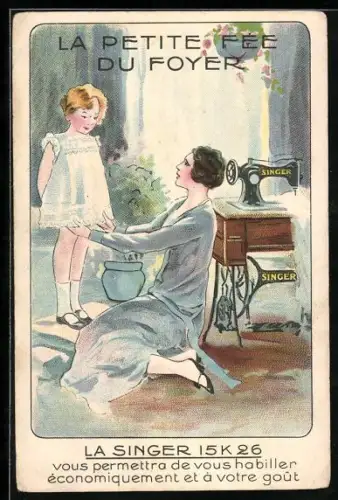 AK Reklame für Singer Nähmaschine, Mutter prüft das Kleid der Tochter