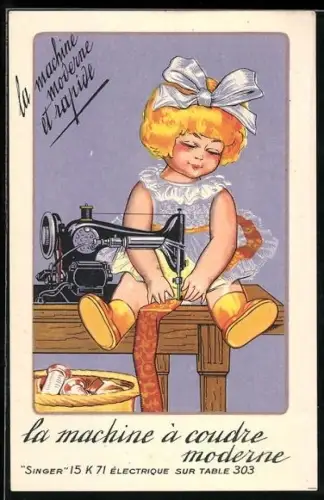 AK Reklame für Singer-Nähmaschine 15 K 71 Électrique, Puppe an der Nähmaschine