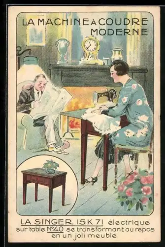 AK La Machine á Coudre Moderne, Reklame für Singer Nähmaschine 15 K 71, Frau sitzt an der Nähmaschine