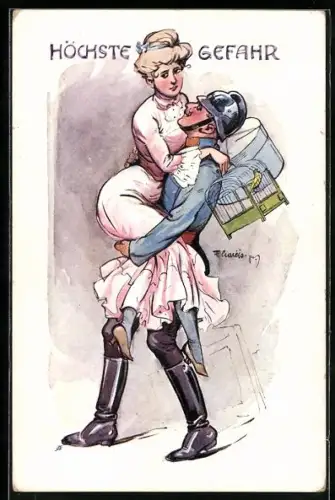 Künstler-AK F. Gareis: Feuerwehrmann trägt eine Frau und ihren Vogel