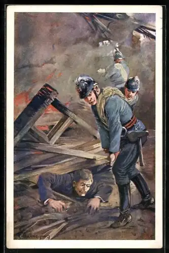 Künstler-AK F. Gareis: Feuerwehrmänner retten einen Mann aus einem brennenden Haus