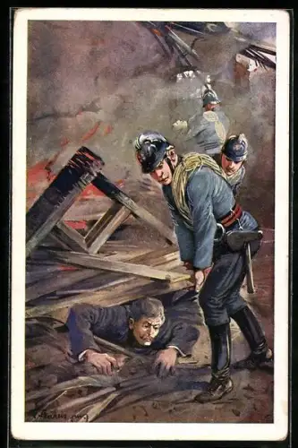 Künstler-AK F. Gareis: Feuerwehrmänner retten einen Mann aus einem brennenden Haus