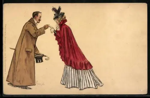 Künstler-AK Edward Cucuel: Eleganter Herr setzt zum Handkuss an