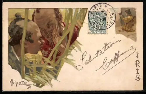 Künstler-AK Adolfo Hohenstein: Zwei Männer flüstern versteckt im Gras, Dame sitzt in einem Raum