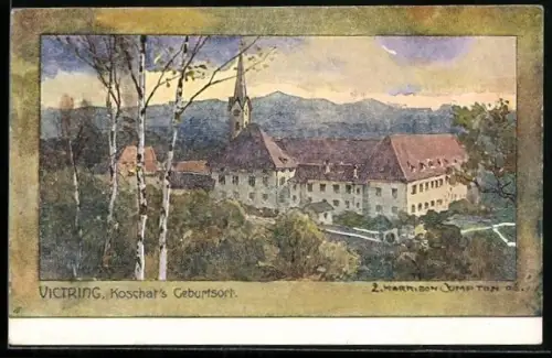 Künstler-AK Edward Harrison Compton: Klagenfurt-Viktring, Panoramaansicht mit Kirche und Birken